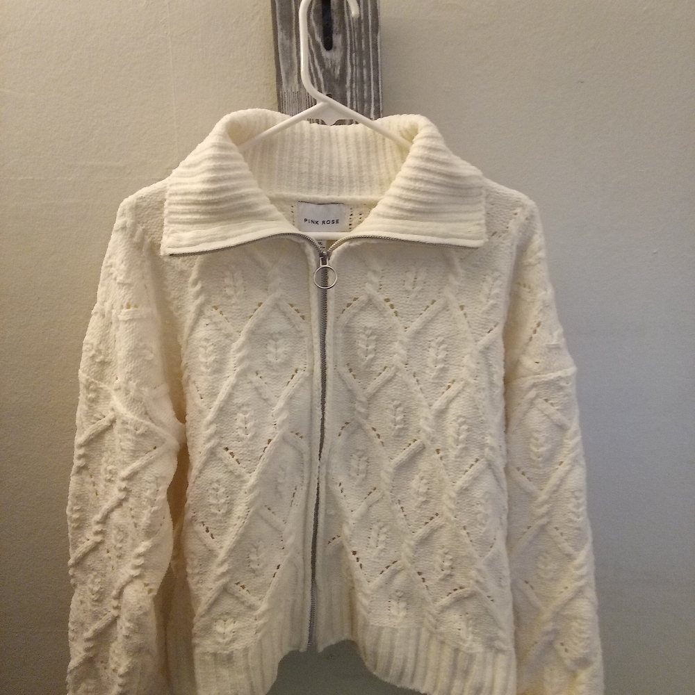 Pink Rose Cream Cable Knit Cardigan Sweater
